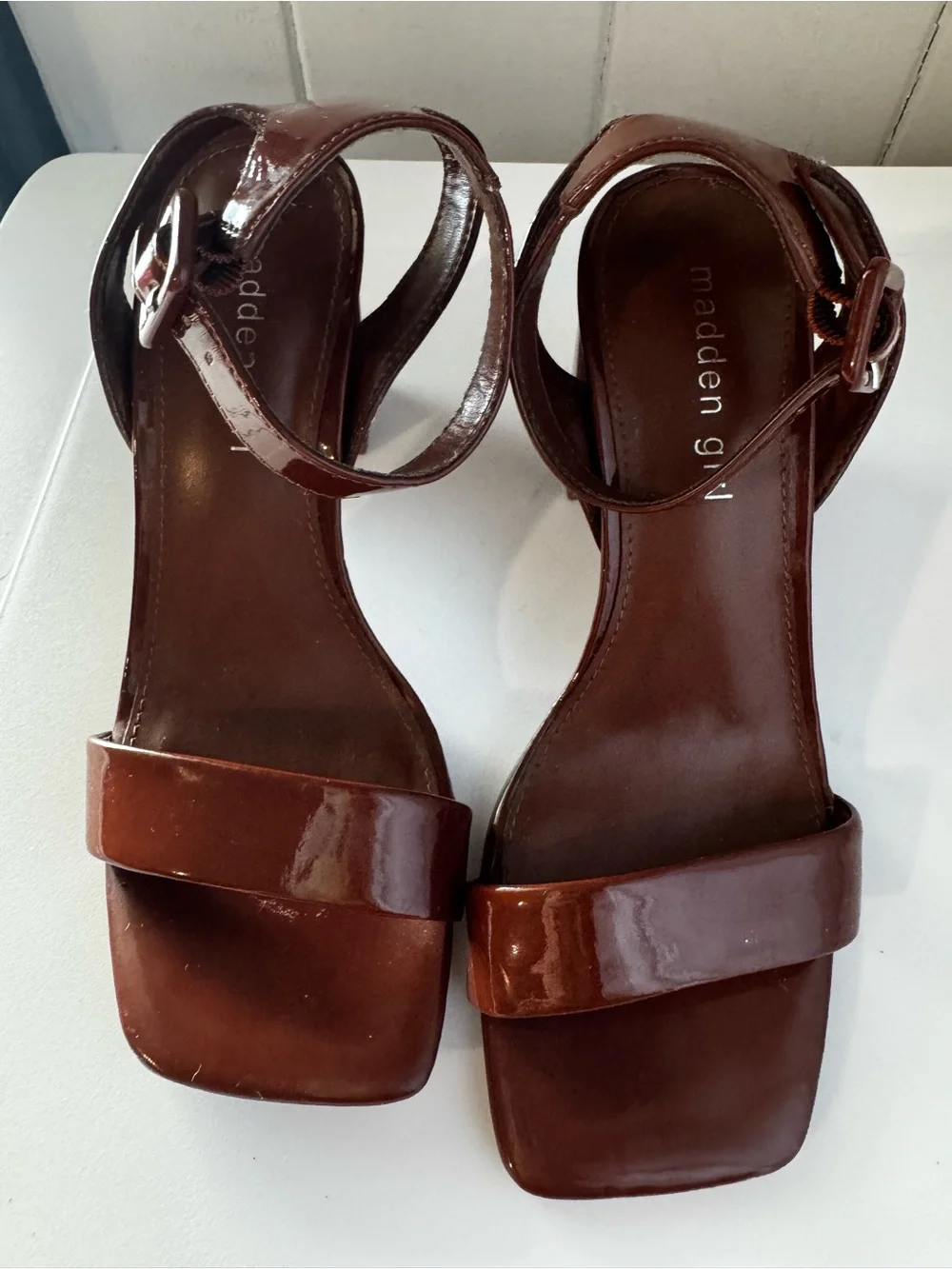 Madden Girl Chocolate Patent Square-Toe Ankle Strap Block Heels